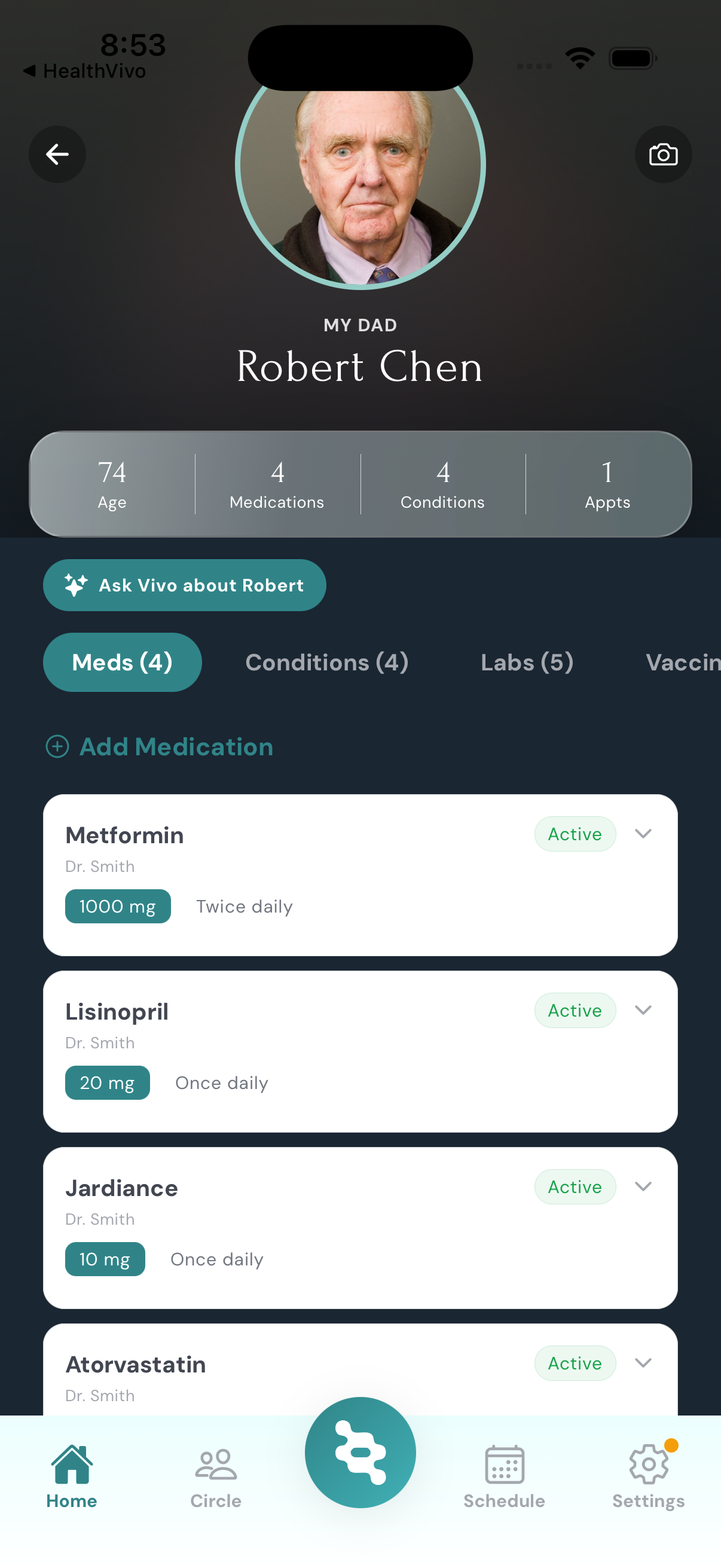 HealthVivo medications and profile screen